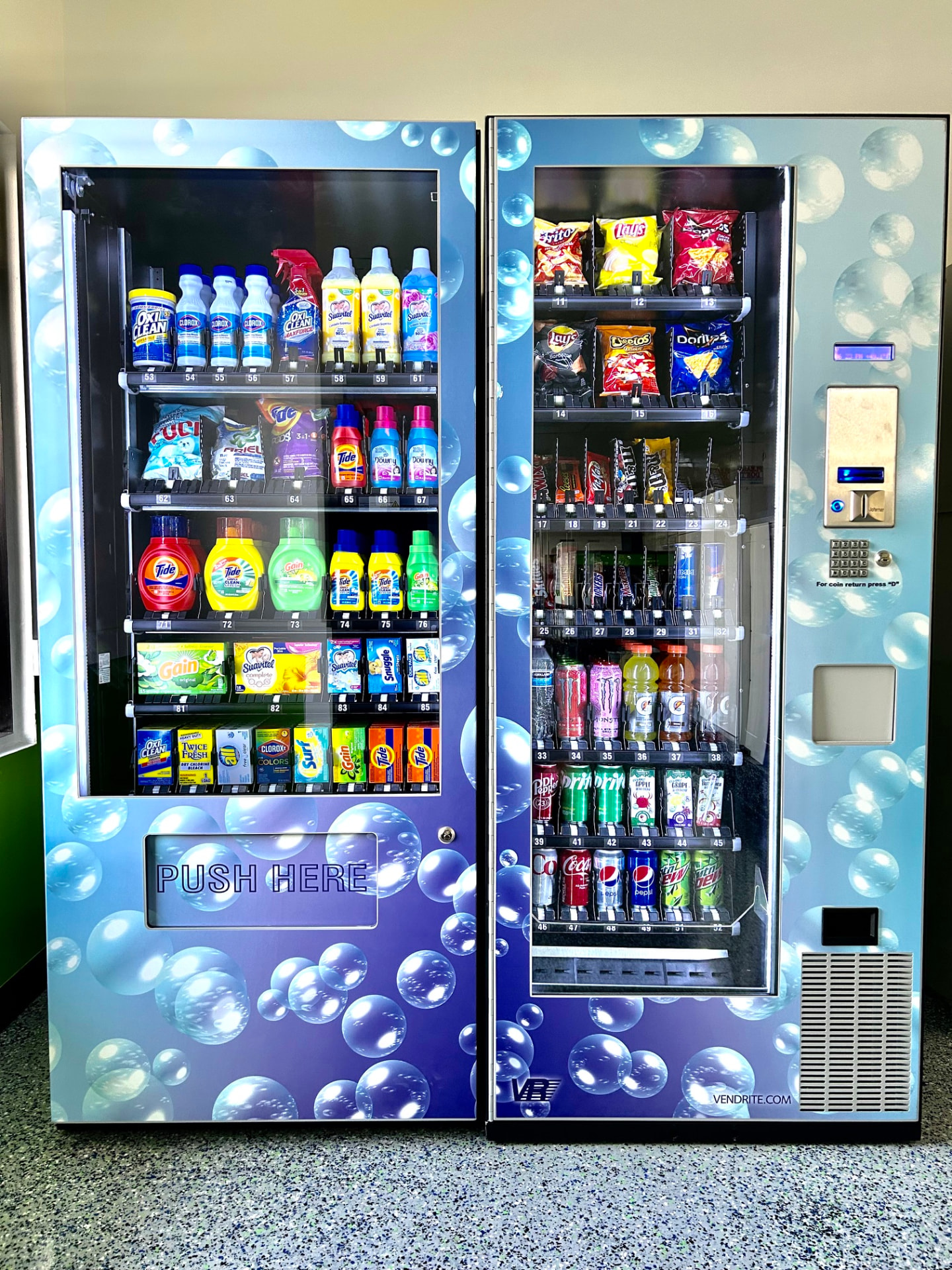 Vending machines stocked with detergent, softener, dryer sheets and drinks at We Fold Laundromat in Hollywood, SC