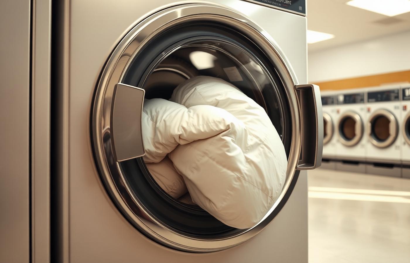 A bulky comforter tumbling in a large-capacity washer at We Fold Laundromat in Hollywood, SC