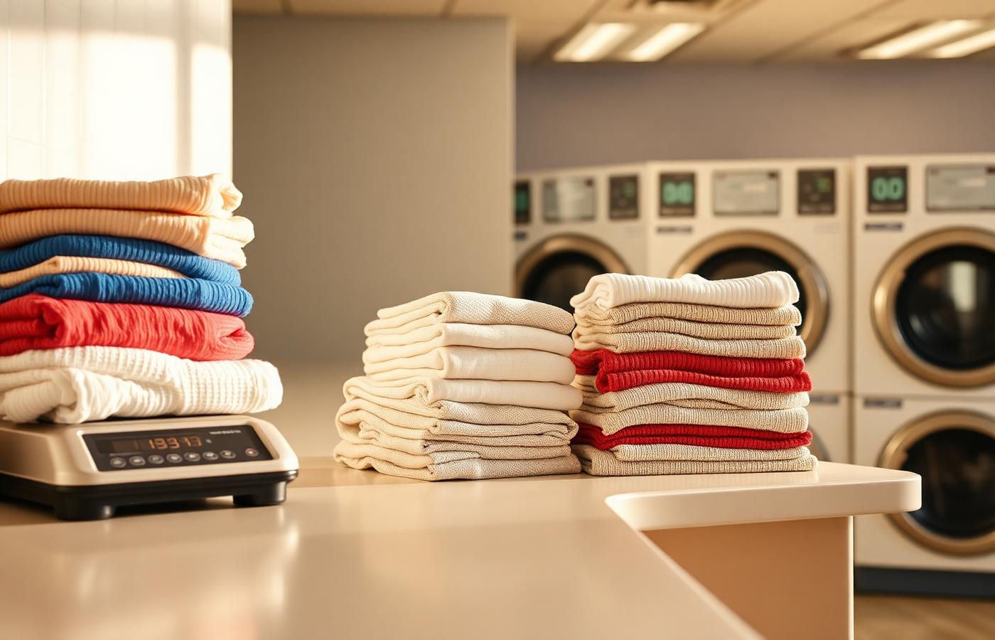 Folded laundry stacked beside a scale on the wash-and-fold counter in Hollywood, SC