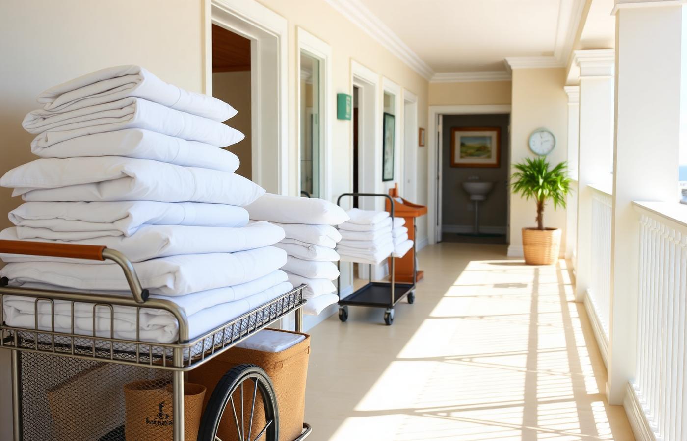 Folded sheet sets and towels bagged by property for a short-term rental turnover near Hollywood, SC