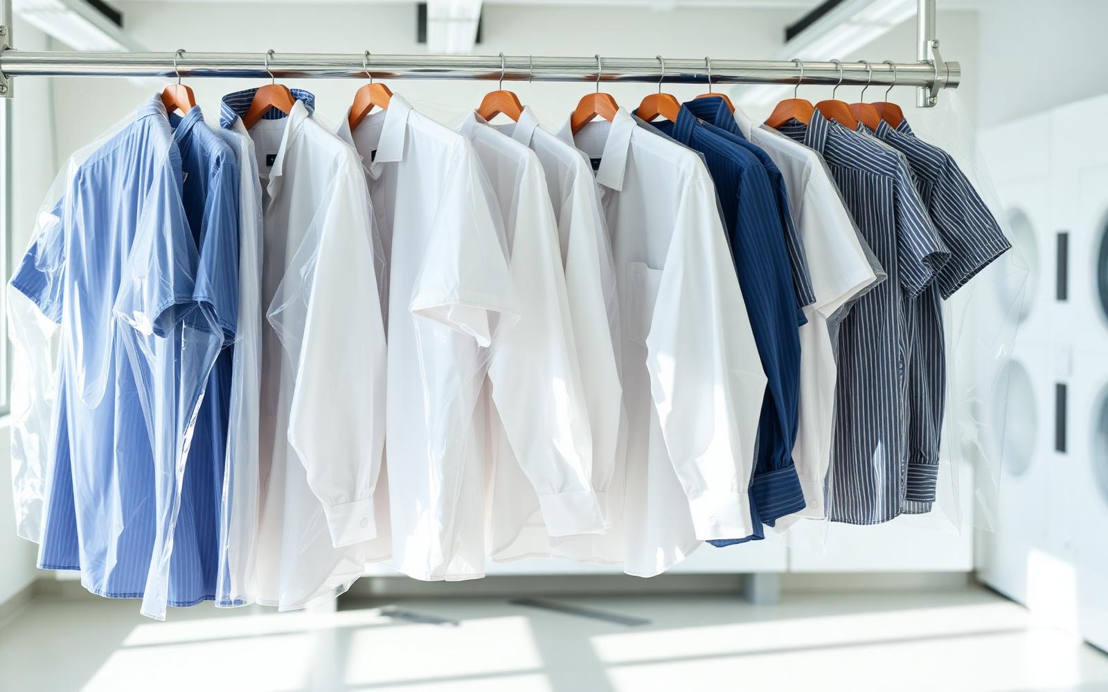 Suits, shirts and dresses hanging on a finishing rail after dry cleaning in Hollywood, SC