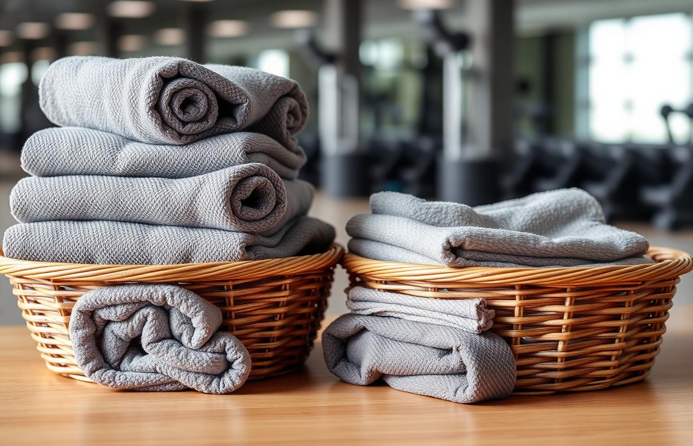Folded gym towels and mat covers stacked for member use — Hollywood, SC