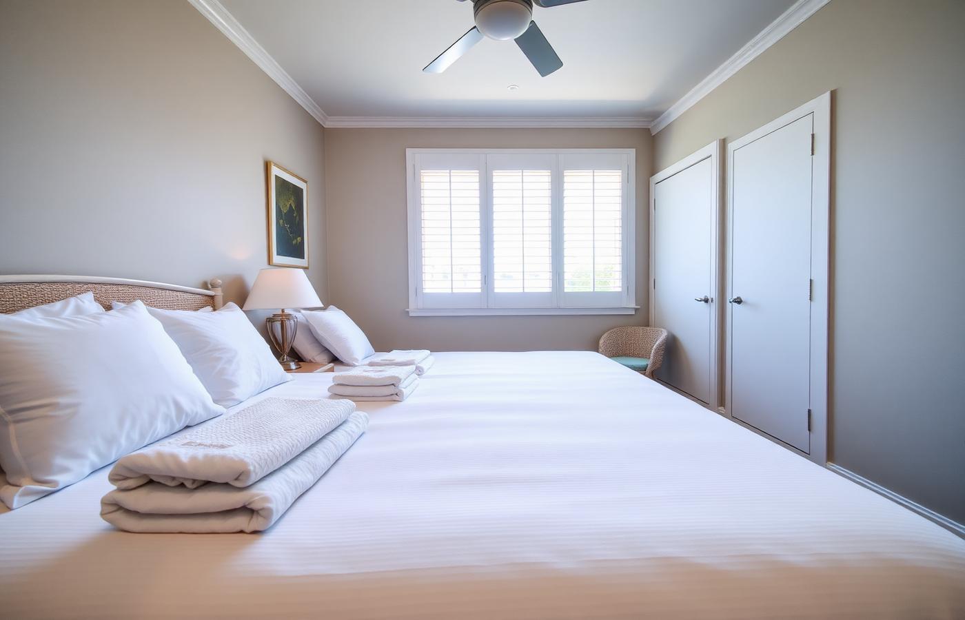 Hotel guest room with a crisply made bed and folded towels — Hollywood, SC