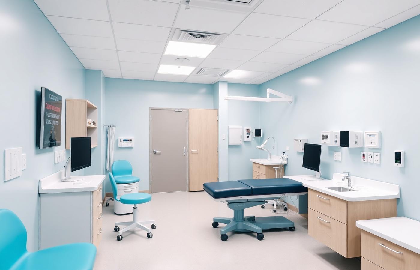 Clean exam room with folded scrubs and a lab coat on a hook — Hollywood, SC