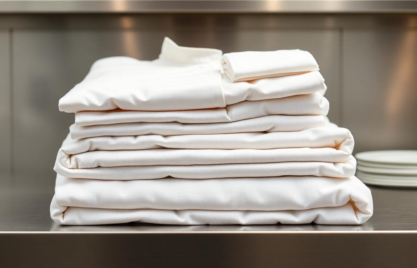 Folded chef coats and kitchen side towels stacked for pickup — Hollywood, SC