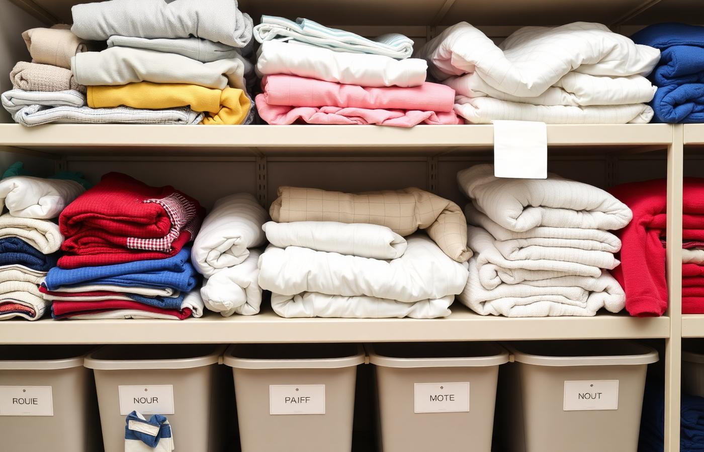 Labeled resident clothing and folded bed linens sorted for return — Hollywood, SC