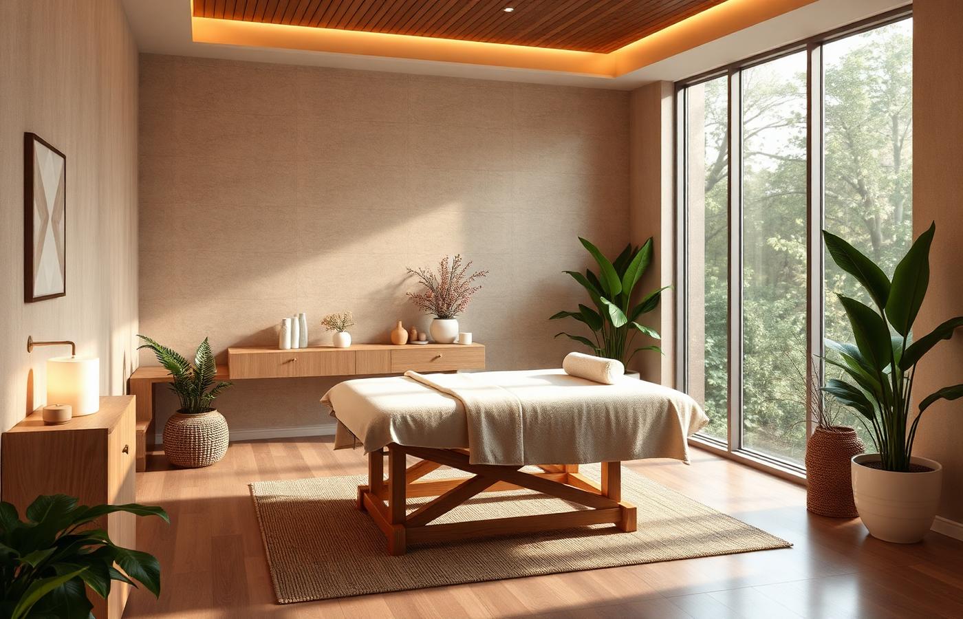 Calm spa treatment room with a made massage table and folded robe — Hollywood, SC