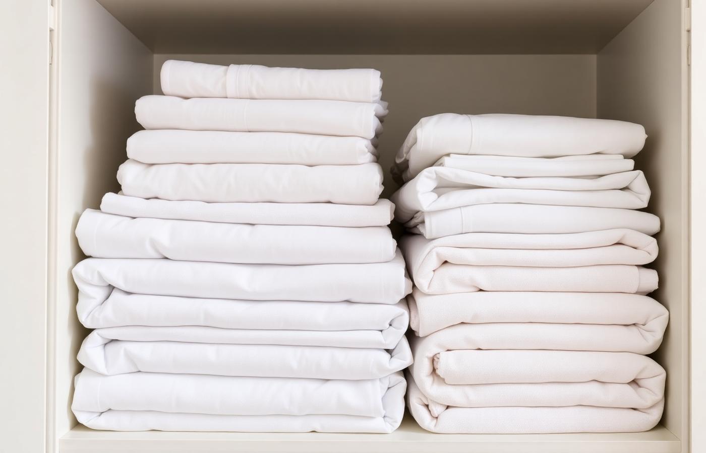 Folded welcome-set towels and cleaning rags staged for a unit turn — Hollywood, SC