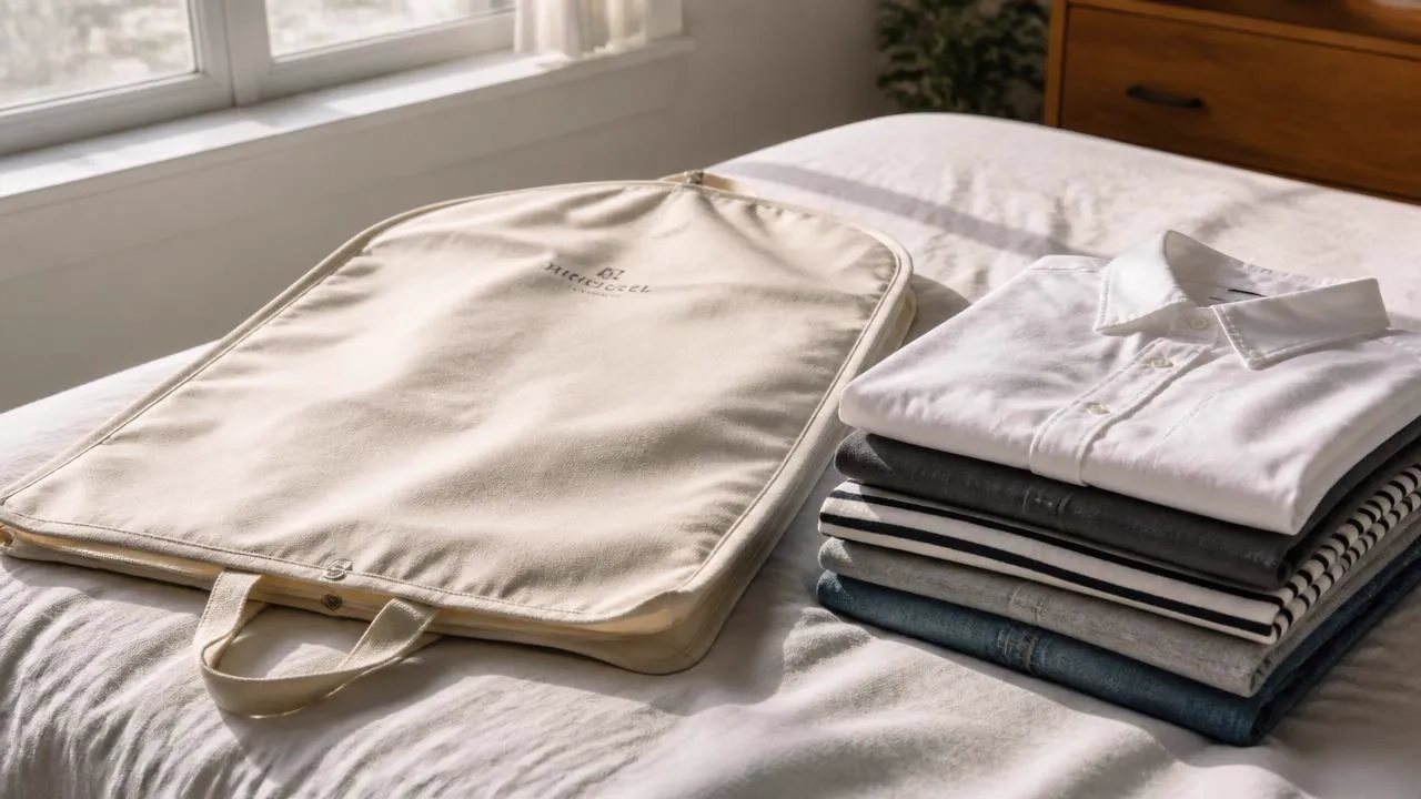 A breathable cotton garment bag next to folded clothes, the right way to store clothing in Lowcountry humidity.