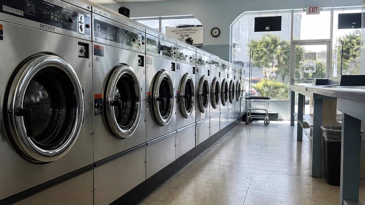 Large-capacity washers inside We Fold laundromat on Hwy 162 in Hollywood, SC.