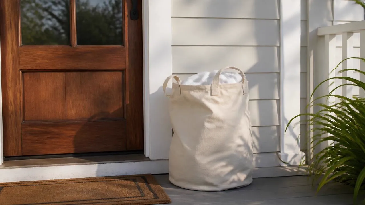 A laundry bag left on a front porch for scheduled pickup and delivery near Charleston, SC.