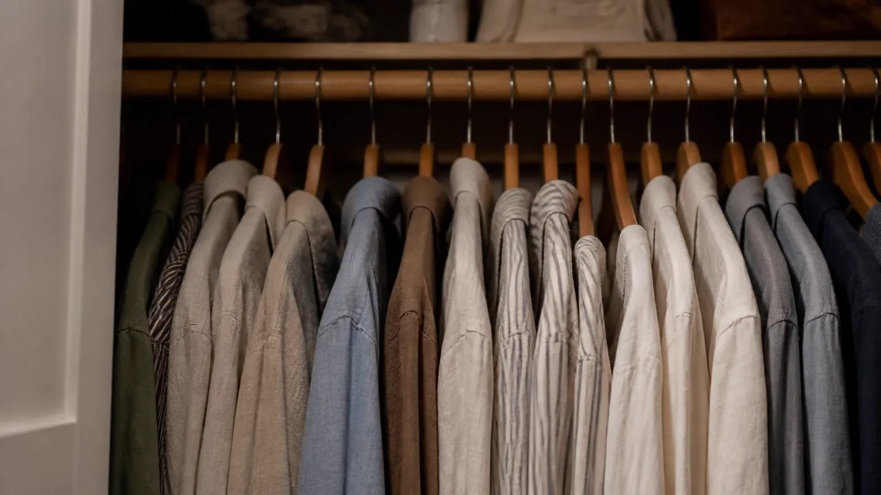 Linen and cotton shirts packed tightly on a closet rod, the conditions that cause musty mildew odor in humid climates.