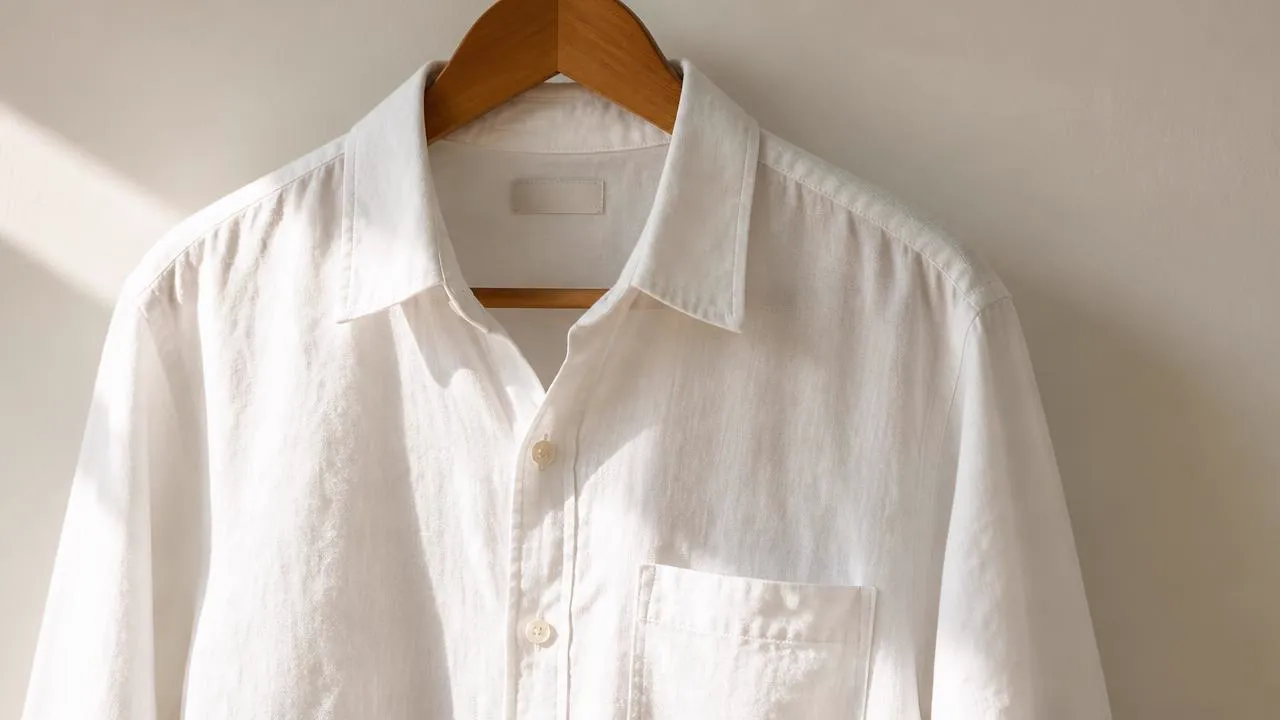 A white linen shirt on a wooden hanger, the fabric most prone to yellow underarm staining in humid climates.